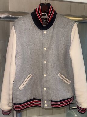Classic Grey & White Varsity Bomber Jacket with Striped rib Dehen Jacket XXL